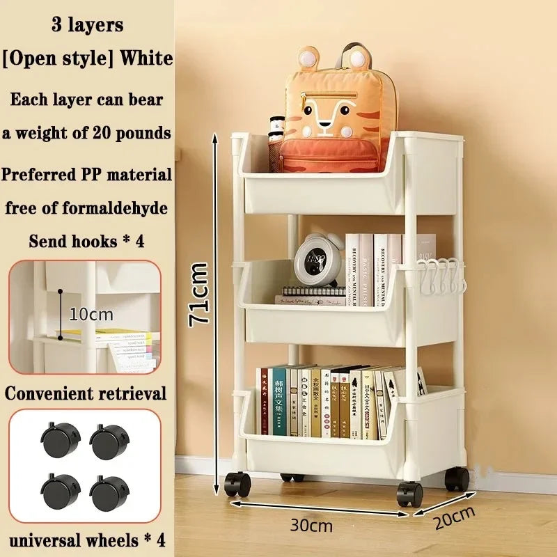 Bookshelf With Wheels Multi-Layer Movable Trolley Home Snack Organizer Shelf Kitchen Vegetable Basket Bedroom Mobile Cart Racks