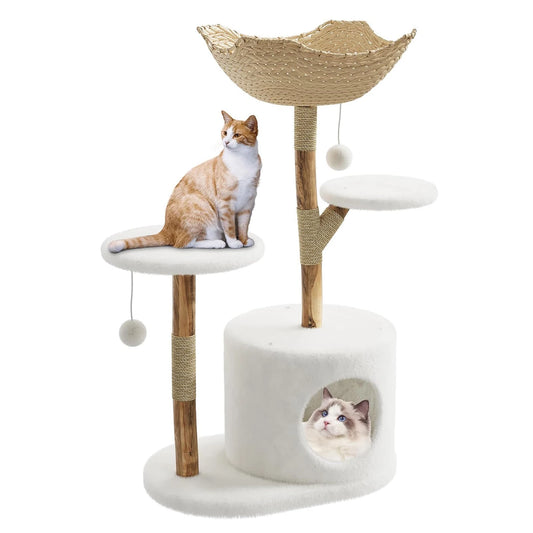 Cat Tree for Large Cats, Wood Cat Tower with Rattan Basket and Platform, Luxury Condo & Perches,Climbing Tree House for Cats