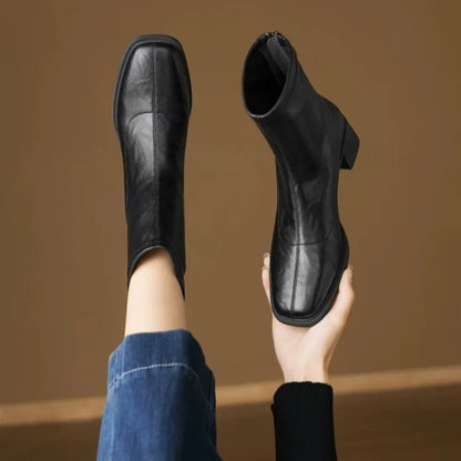 Womens Elastic Mid Calf Leather Boots With Square Heel