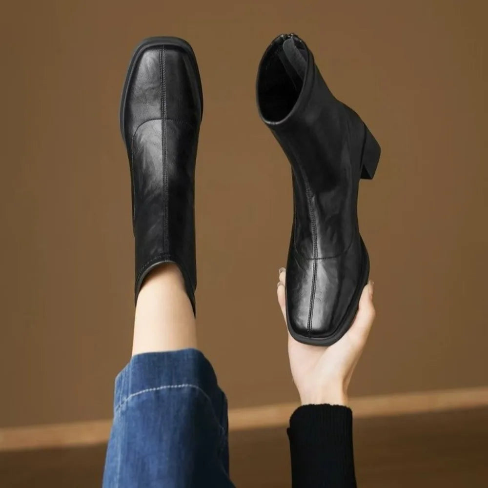 Autumn Vintage Elastic Slim Women Ankle Boots Fashion Soft Leather Shoes Ladies Elegant Thick Heel Mordern Short Booties