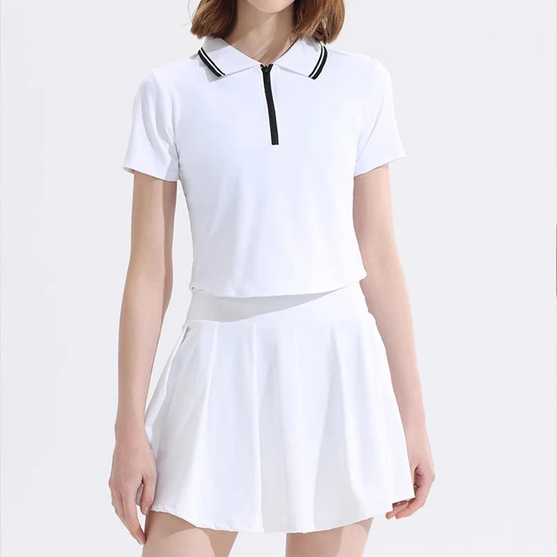 Women's summer new tennis suit set, short polo shirt, short sleeved sports top paired with pleated anti glare skirt pants