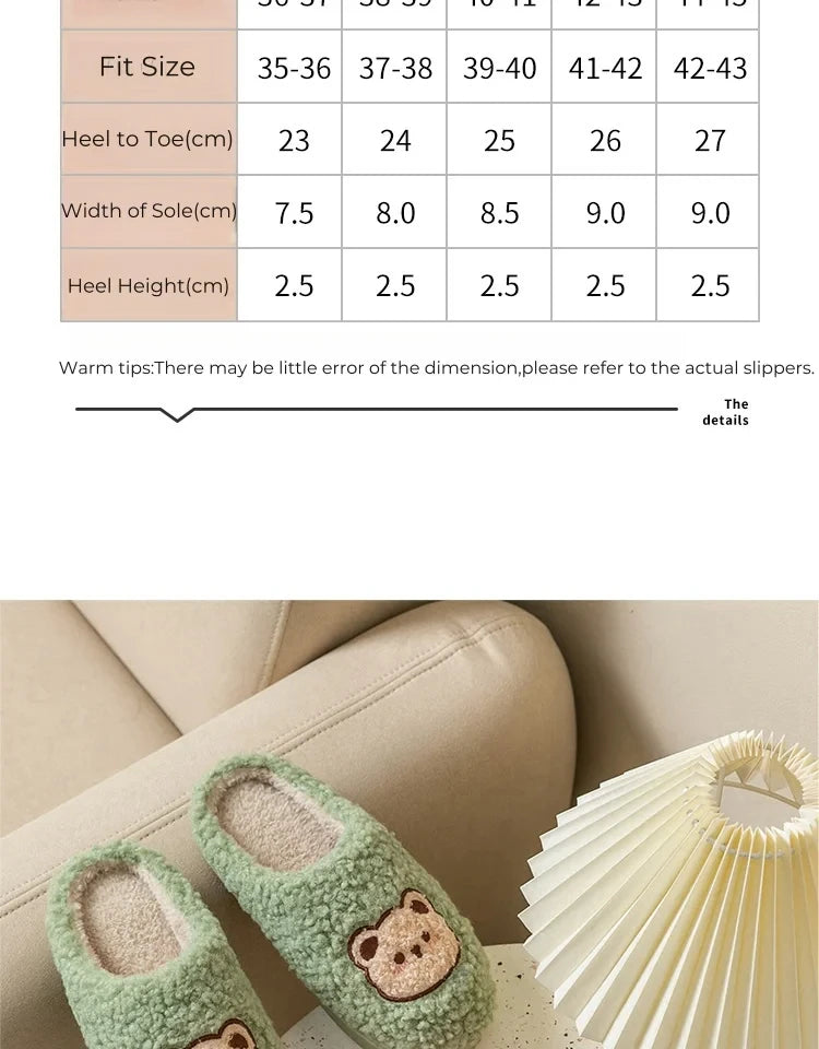 TZLDN Fashion Men's Slippers Winter Warm Cartoon Bear Lovely Indoor Soft Sole Non-slip Dormitory Causal Home Plush Shoes Couple