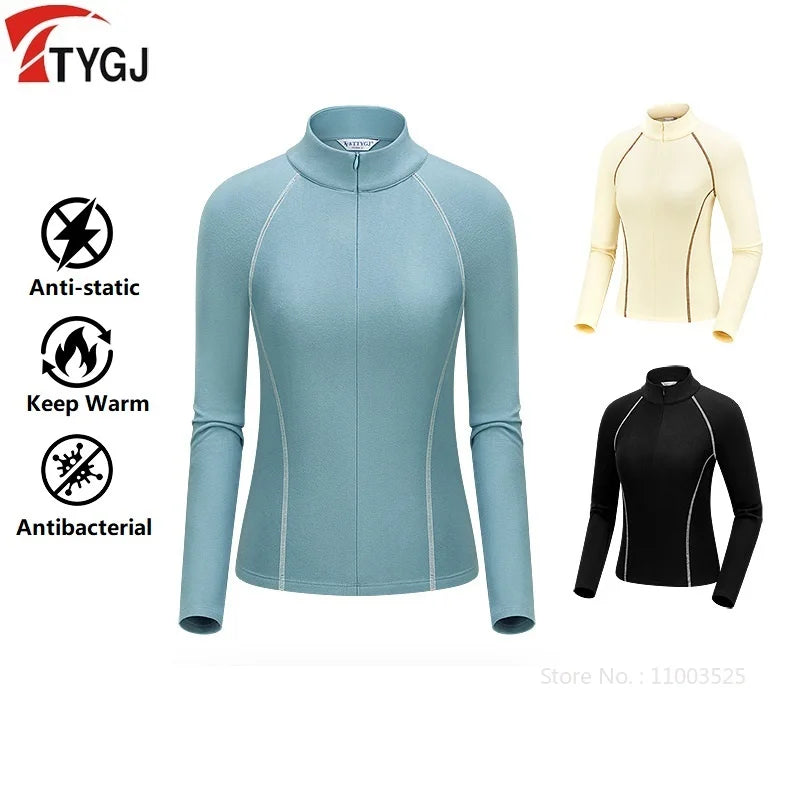 TTYGJ Slim Long Sleeve Golf Base Shirt Women Zipper Neck Warm Velvet Tops Autumn Winter Windproof Thicken Leisure Golf Blouse