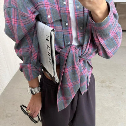 Oversized Plaid Shirt For Women Long Sleeve Button-Down Korean Style