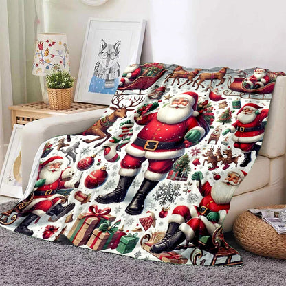 Cartoon Santa Snowman Throw Blanket Flannel Polyester Cotton