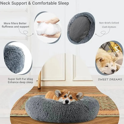 Round Plush Pet Bed For Dogs And Cats 40-90 Cm Diameter Fleece And Long Plush