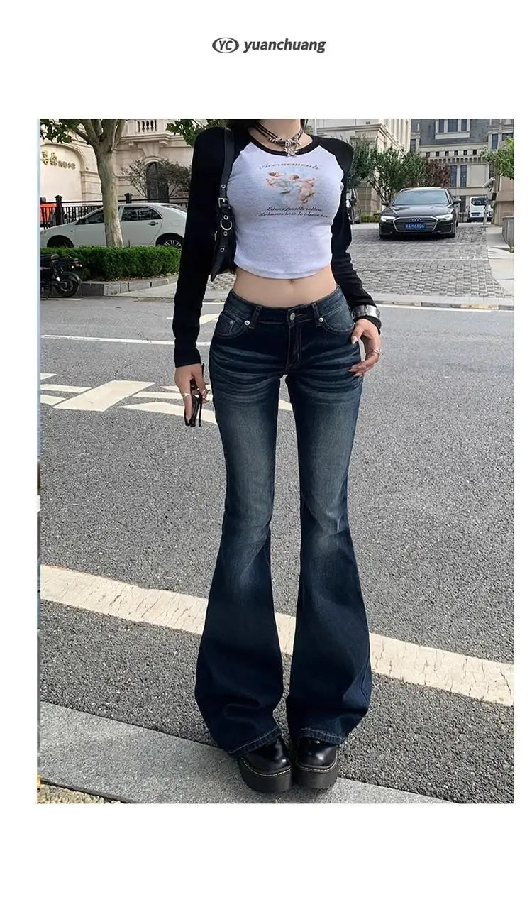 Y2K Slim Fit High Waist Casual Womens Jeans Retro Denim Pants Low Rise Flared Trousers Long Bootcut Drag Autumn for Women