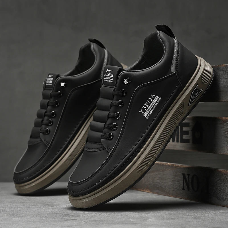 Men's Leather Casual Platform Sneakers, Breathable Slip-On, Rubber Sole