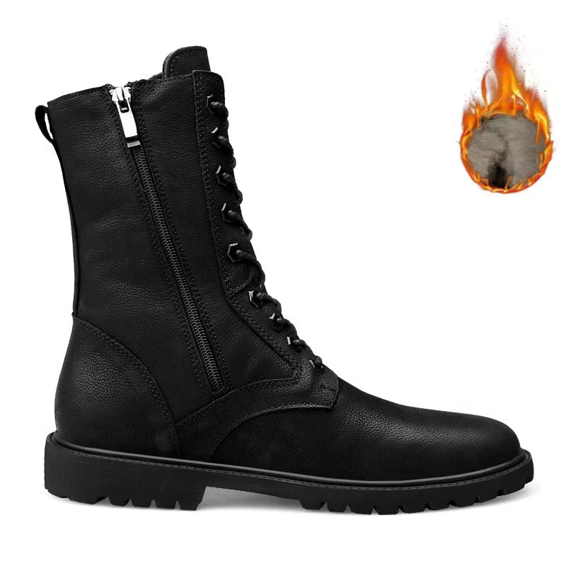 Men's Leather Motorcycle Boots Mid-Calf With Plush Lining