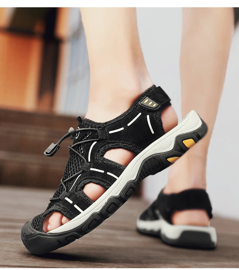 Genuine Leather Men's Sandals With Hook and Loop Closure