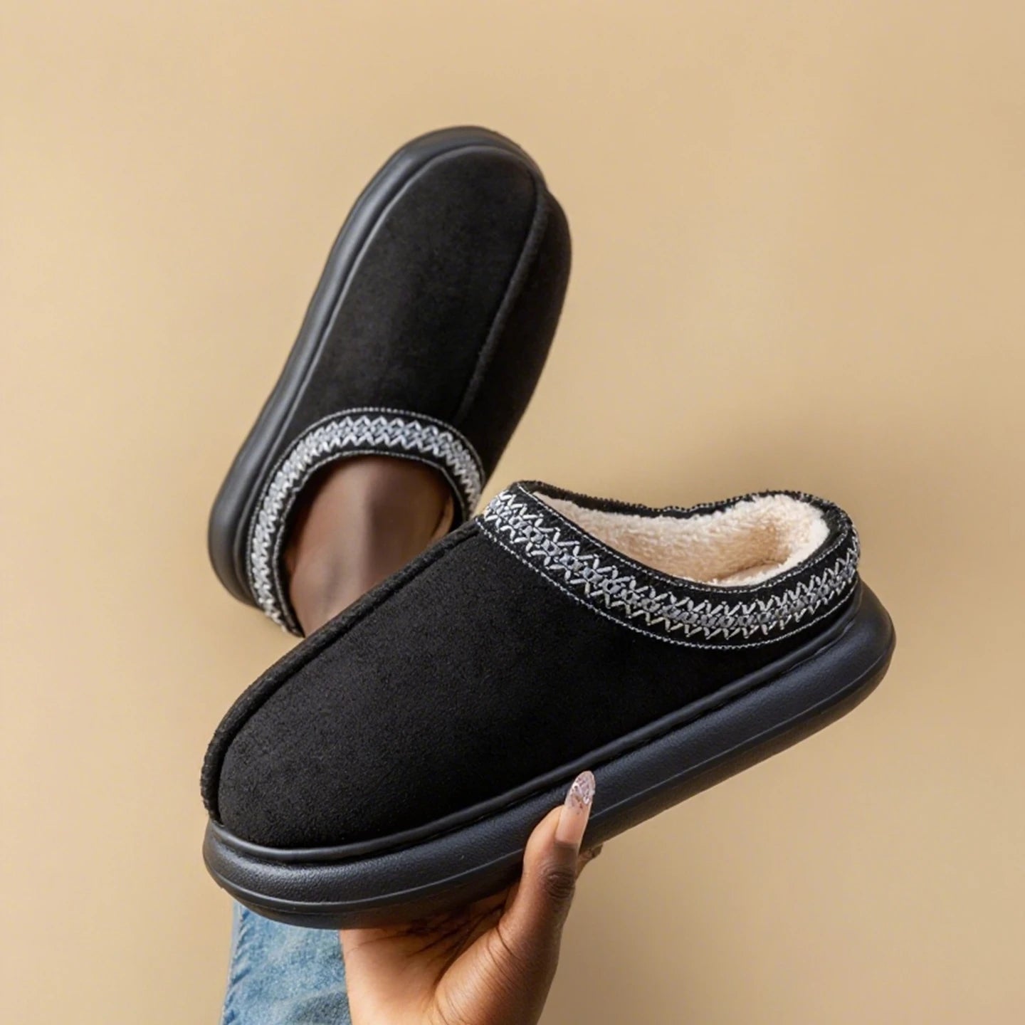 Mens Plush Fleece Lined Slippers With Thick EVA Sole Indoor Outdoor Non Slip