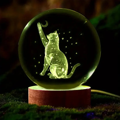 3D Laser Cat And Moon Star Glass Crystal Ball Night Light