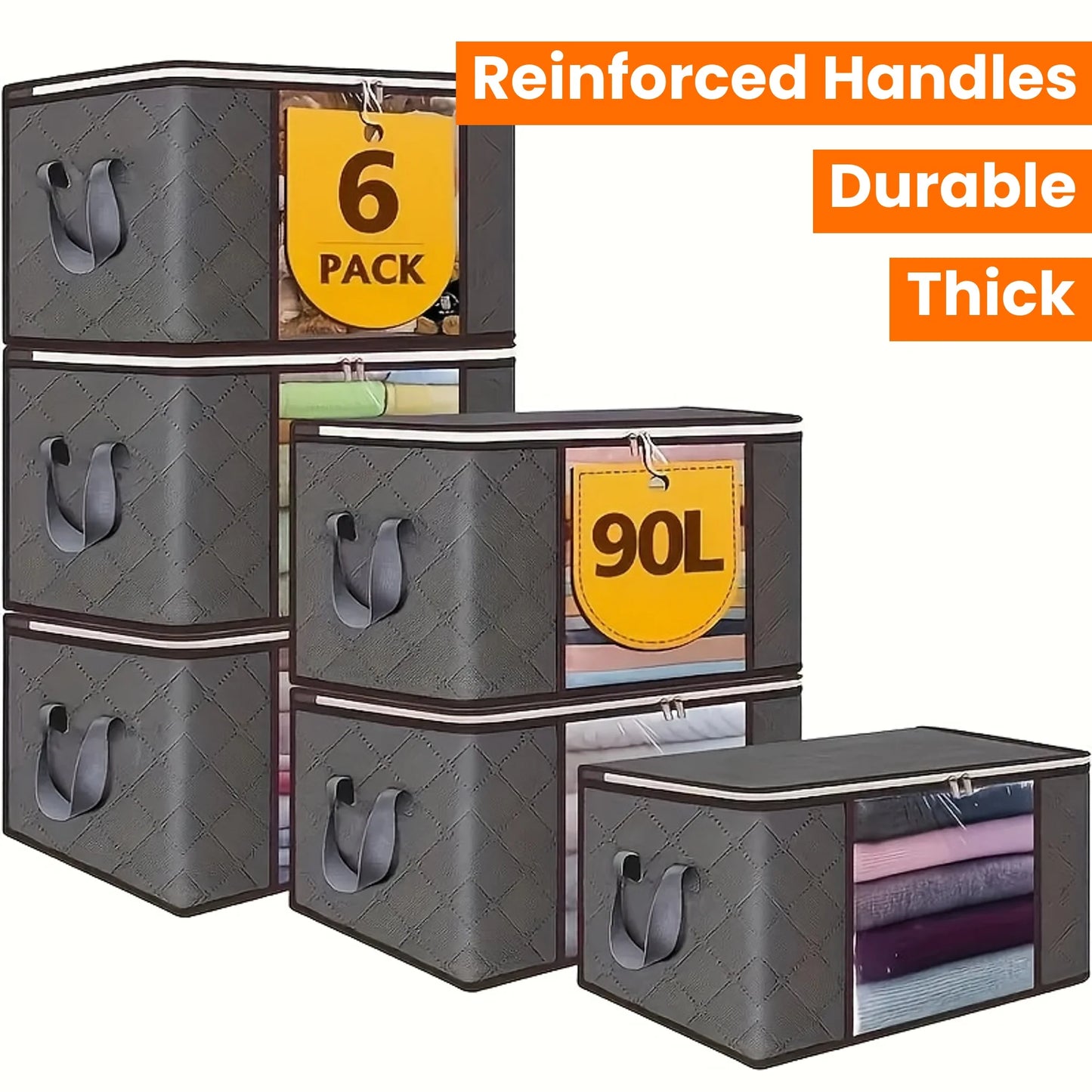 6pcs 23.78 gallon oversized storage bag with zipper and lid - Foldable and durable clothing organizing bag suitable for bedding