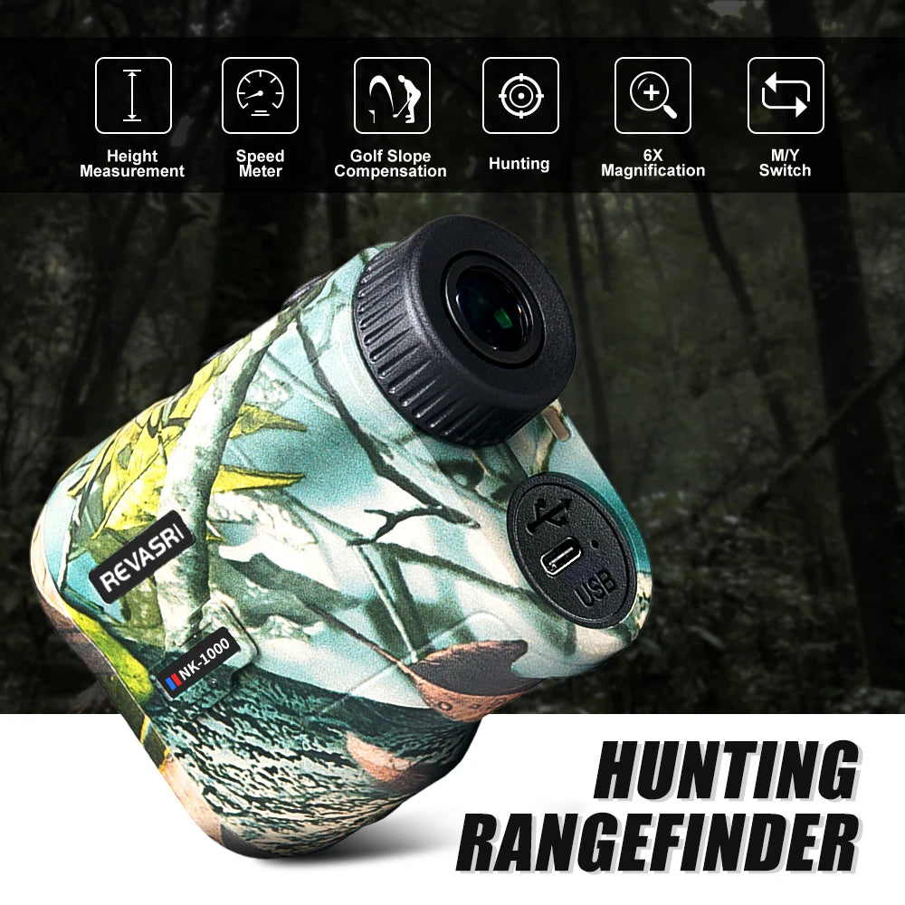 REVASRI Golf Laser Rangefinder 600M Telescope with Flag-Lock Slope Pin Distance Meter for 1000M Camouflage Hunting Monocular