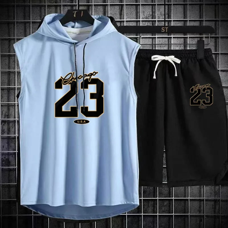 The 2025 new breathable model Men's summer sports suit printed loose breathable short sleeve + jogging shorts suit