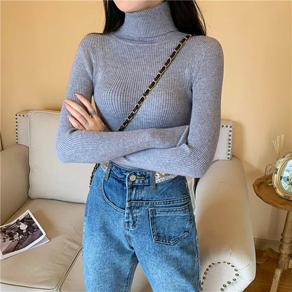 Women's Foldover Turtleneck Ribbed Knit Sweater Long Sleeve