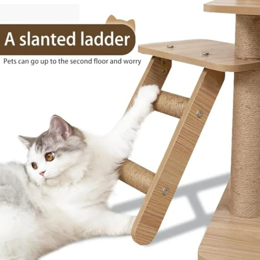 65-Inch Multi-Purpose Wooden Cat Tree Tower with Condo Design Featuring 13 Scratch Posts Padded Platform Bed Interactive Toy Ba