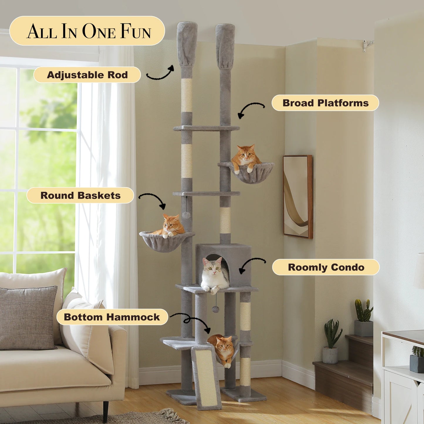 Floor to Ceiling Cat Tree with Sisal Scratching Posts Cozy Condo Hammock Adjustable Height Tall Cat Tower for Indoor Cat Toys