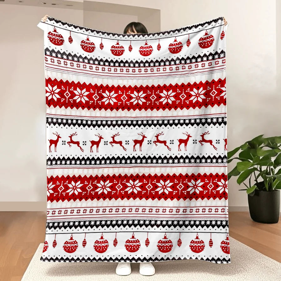 Festive Christmas Flannel Blanket – Cozy Snowflakes & Reindeer Throw for Sofa or Bedroom