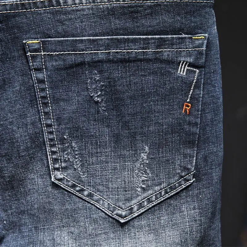 Men's Slim-Fit Elastic Jeans, Ripped Denim, Cotton, Blue Black