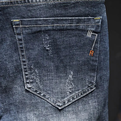 Men's Slim-Fit Elastic Jeans, Ripped Denim, Cotton, Blue Black