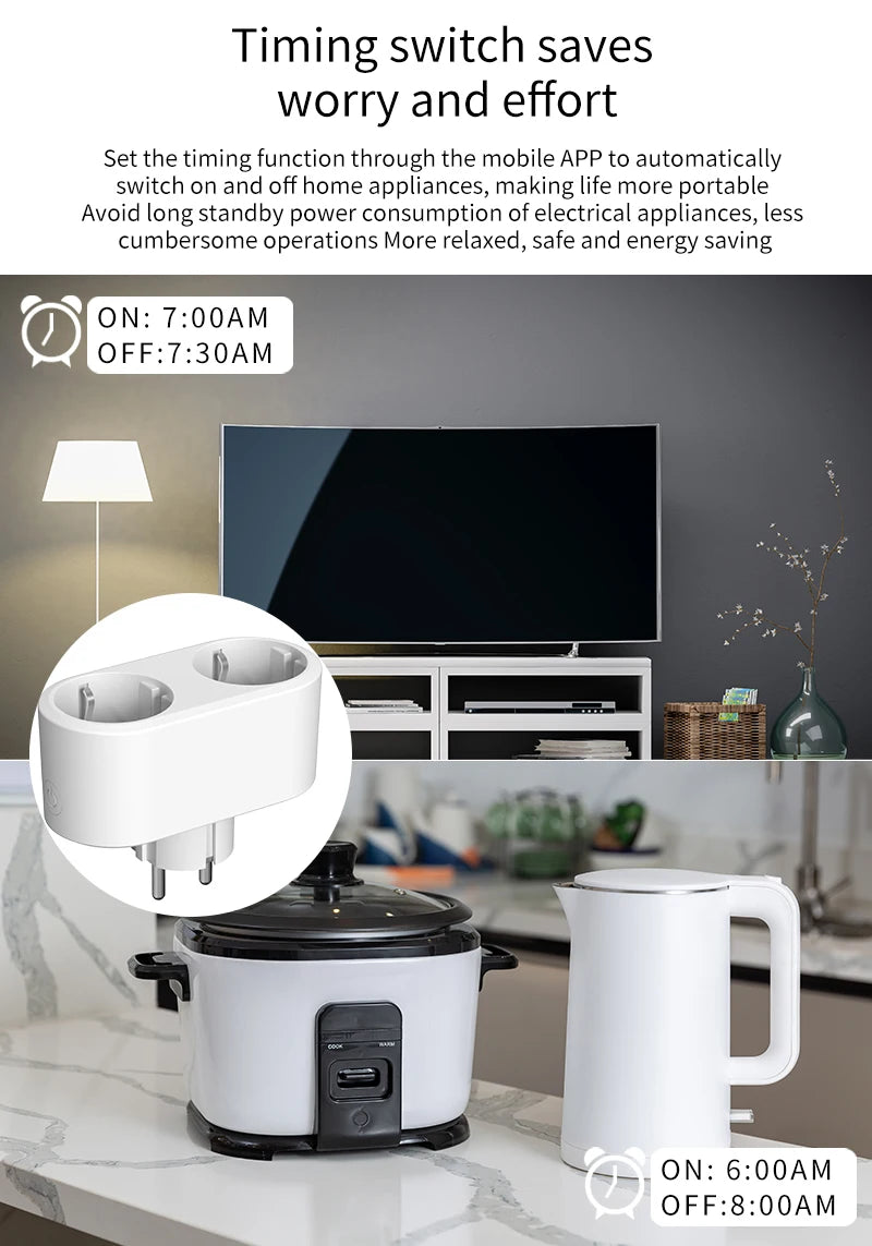 Tuya Wifi Smart Dual Plug Socket Eu 16A 20A 2 in 1 Function with Power Monitor Voice Control Smart Life Works with Alexa Google