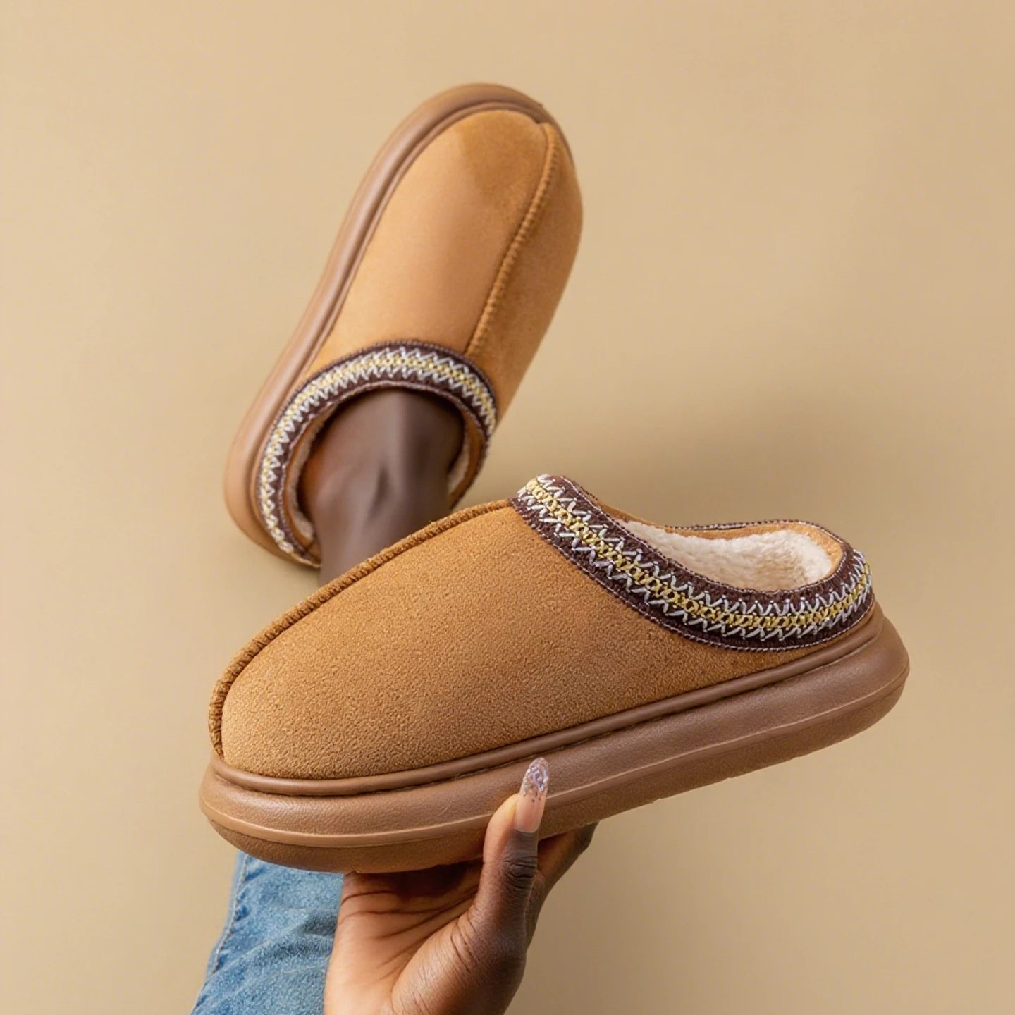 Mens Plush Fleece Lined Slippers With Thick EVA Sole Indoor Outdoor Non Slip