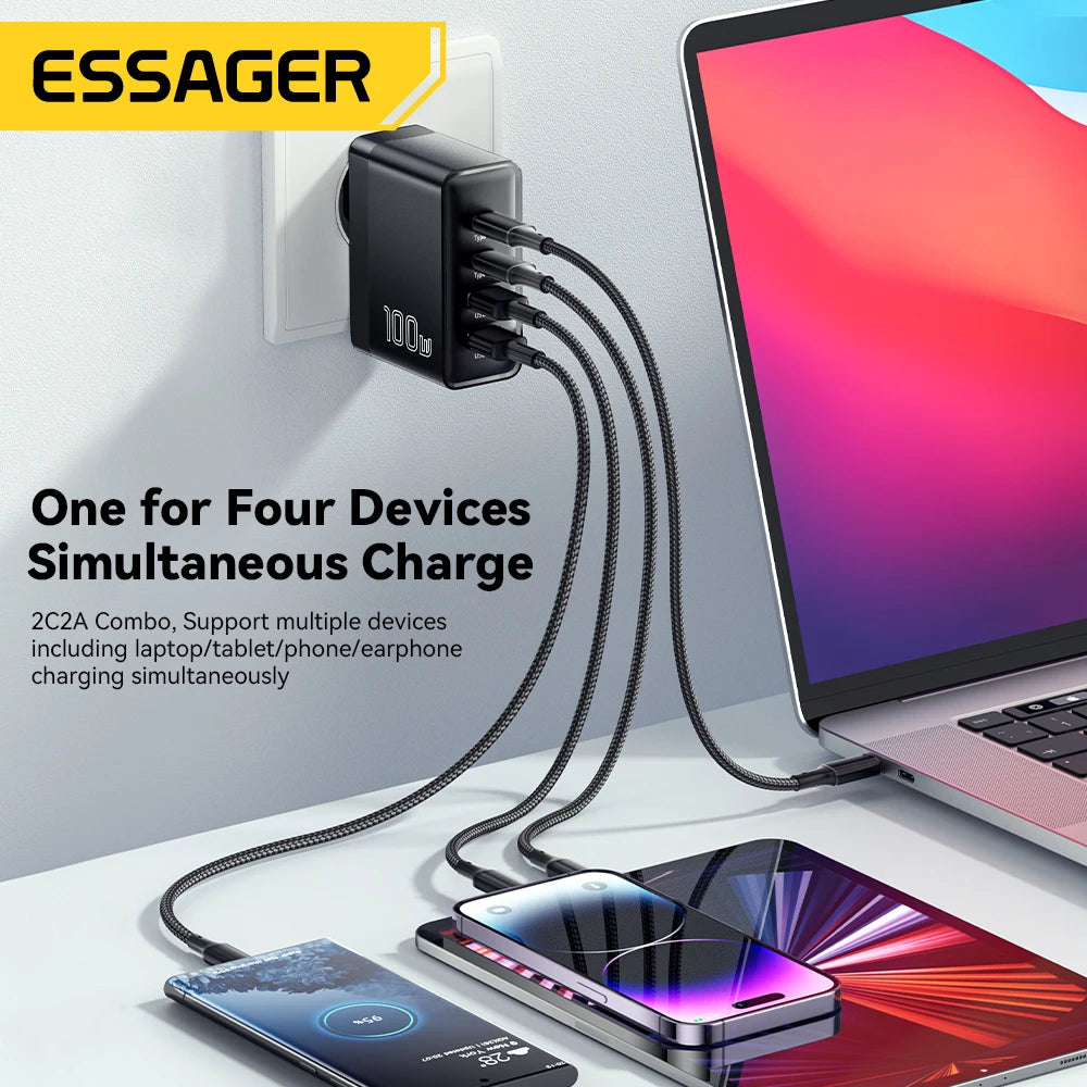 Essager 100W USB Type C Charger 65W PD Quick Charge4.0 3.0 Type-C Fast Charging For iPhone 16 15 14 13 Pro Xiaomi Macbook Laptop