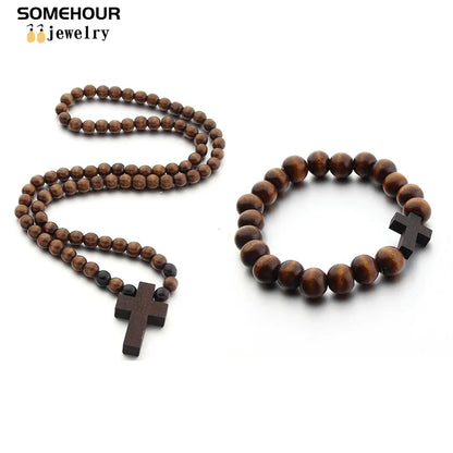 Wood Bead Cross Necklace & Bracelet Set – Religious Accessories for All