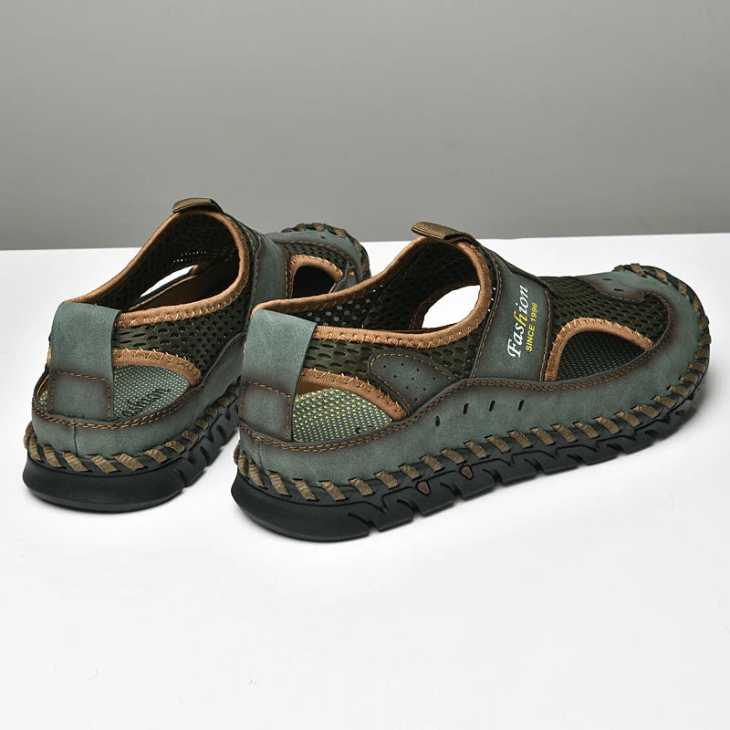 Men's Breathable Leather and Mesh Sandals with Elastic Band