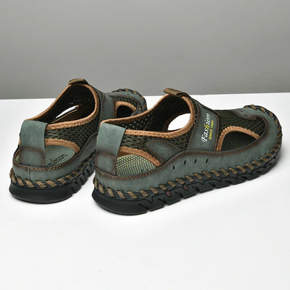 Men's Breathable Leather and Mesh Sandals with Elastic Band