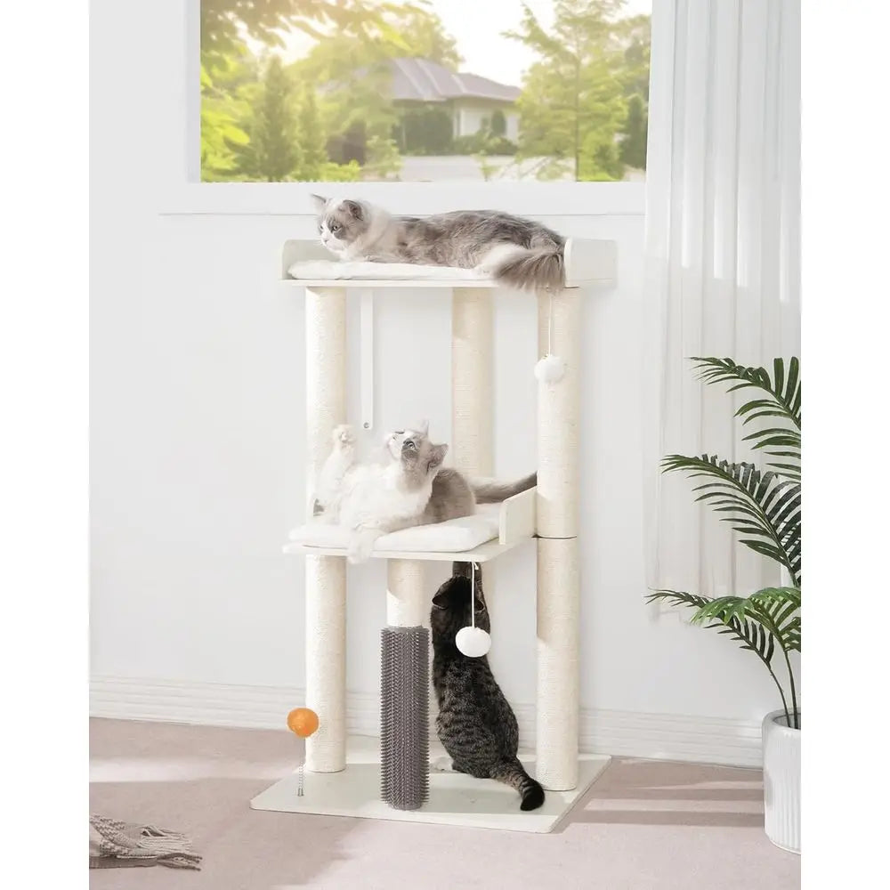 Large Indoor Cat Tower, Modern 43.7 Cat Condo with Scratching Post, Perch, Removable Pads, White