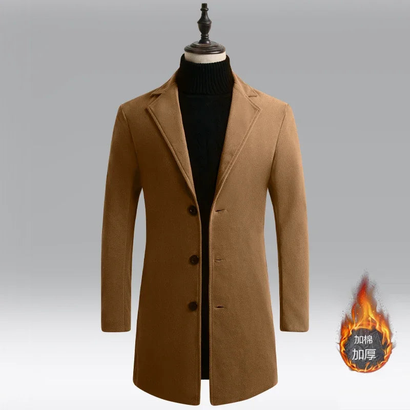 Men Winter Trench Coats Long Jackets Men Slim Fit Casual Wool Blends Business Casual Trench Thicker Warm Long Coats Size 5XL
