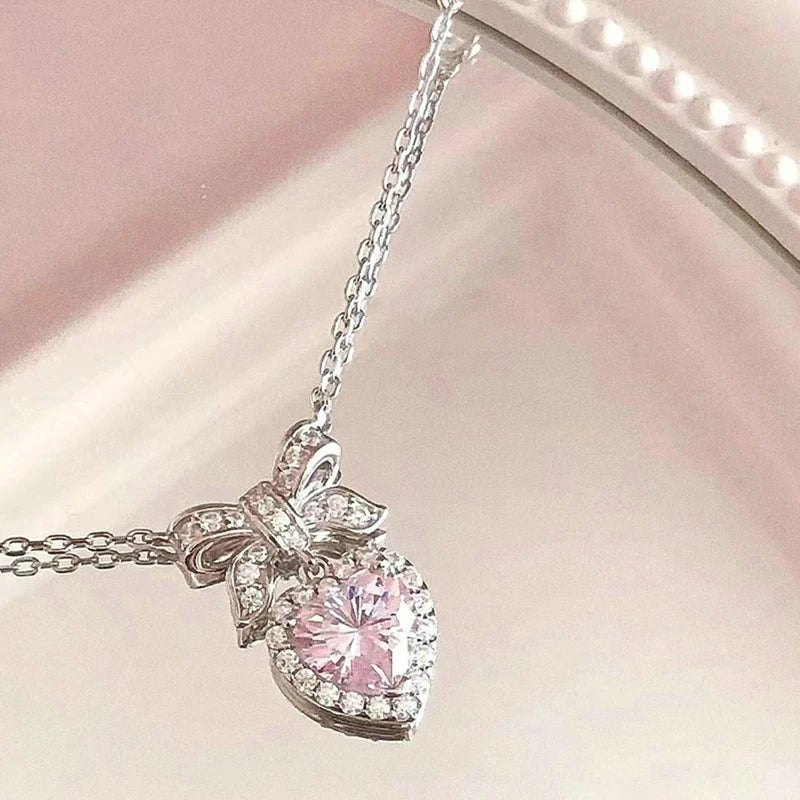 Fashion Pink Planet Heart Zircon Necklace Women Charm Aesthetic Clavicle Chain Necklace Valentines Day Gift Party Jewelry