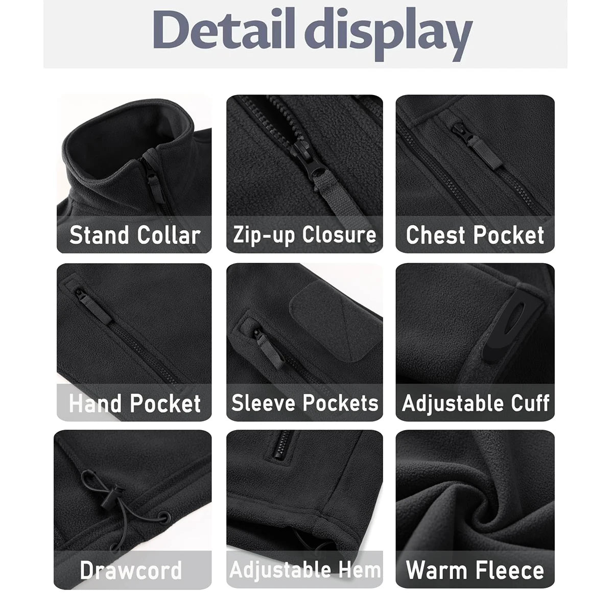 TACVASEN Men's Fleece Jacket Soft Warmth Windproof Full Zip Up Coat Multiple Zipper Pockets Hiking Working Outdoors Windbreaker