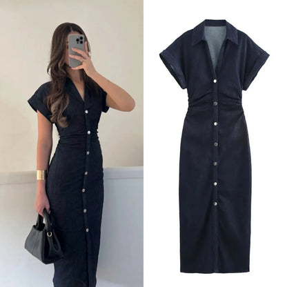 Denim Midi Dress For Women With Lapel And Side Zipper