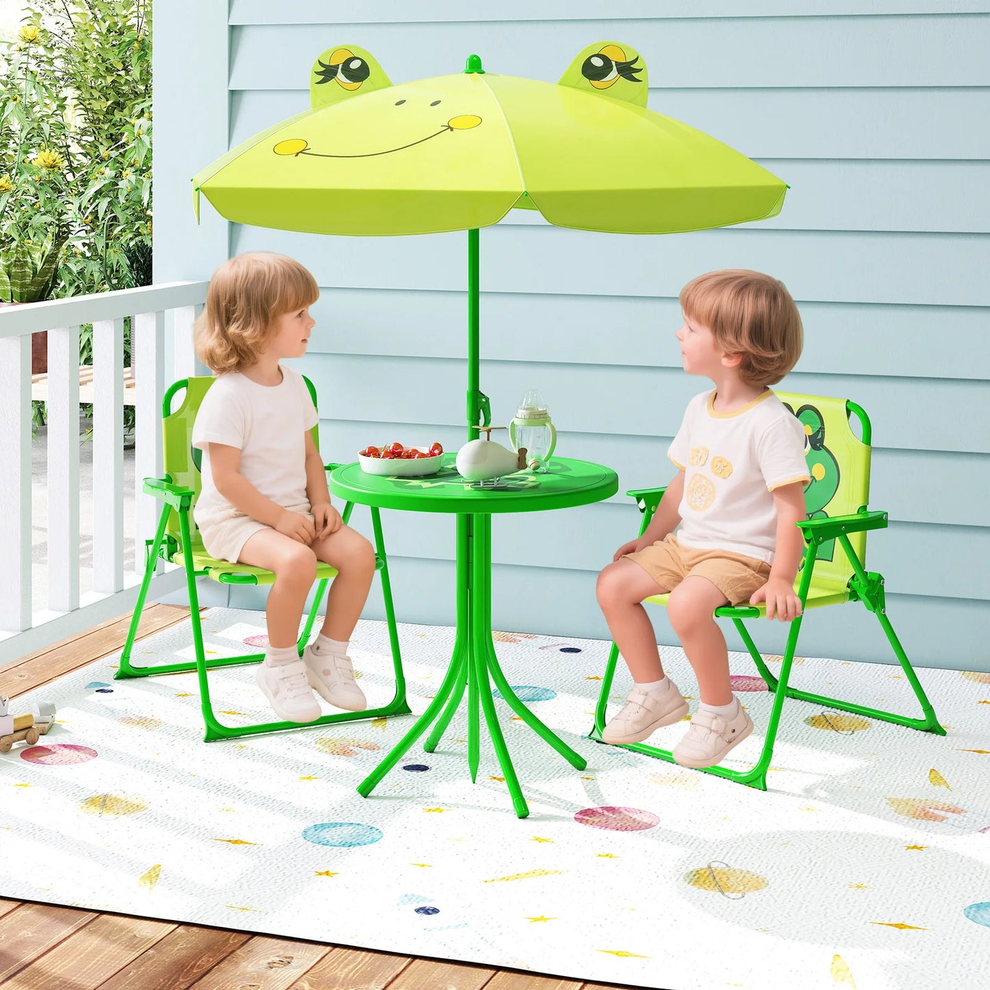 Kids Picnic Table & Chair Set with 2 Folding Chairs & Height Adjustable Umbrella