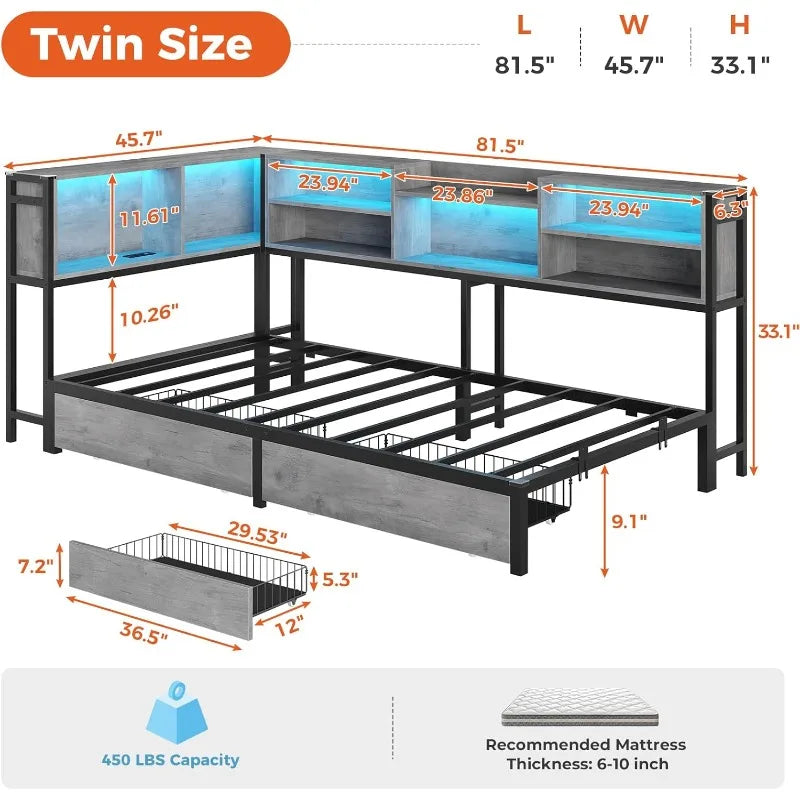 Corner Twin Bed Frame with Bookcase Storage and Led Lights Metal Platform Beds with 2 Drawers and Charging Station Twin S