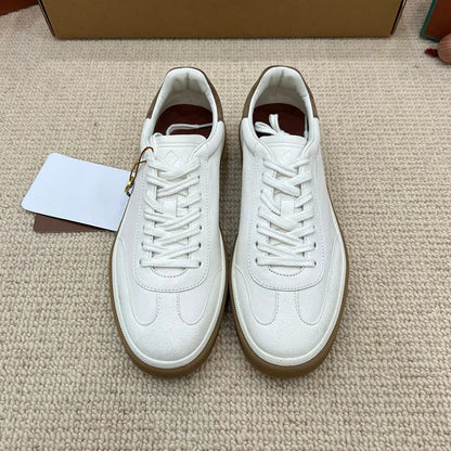 Men's Genuine Leather Lace Up Round Toe Trainer Shoes White