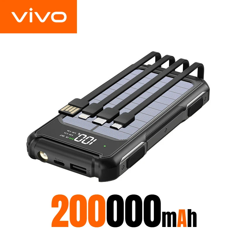 VIVO 200000mAh Solar Power Bank Large Capacity 4 in 1 Built in Cables Intelligent Digital Display Laser Light For Samsung