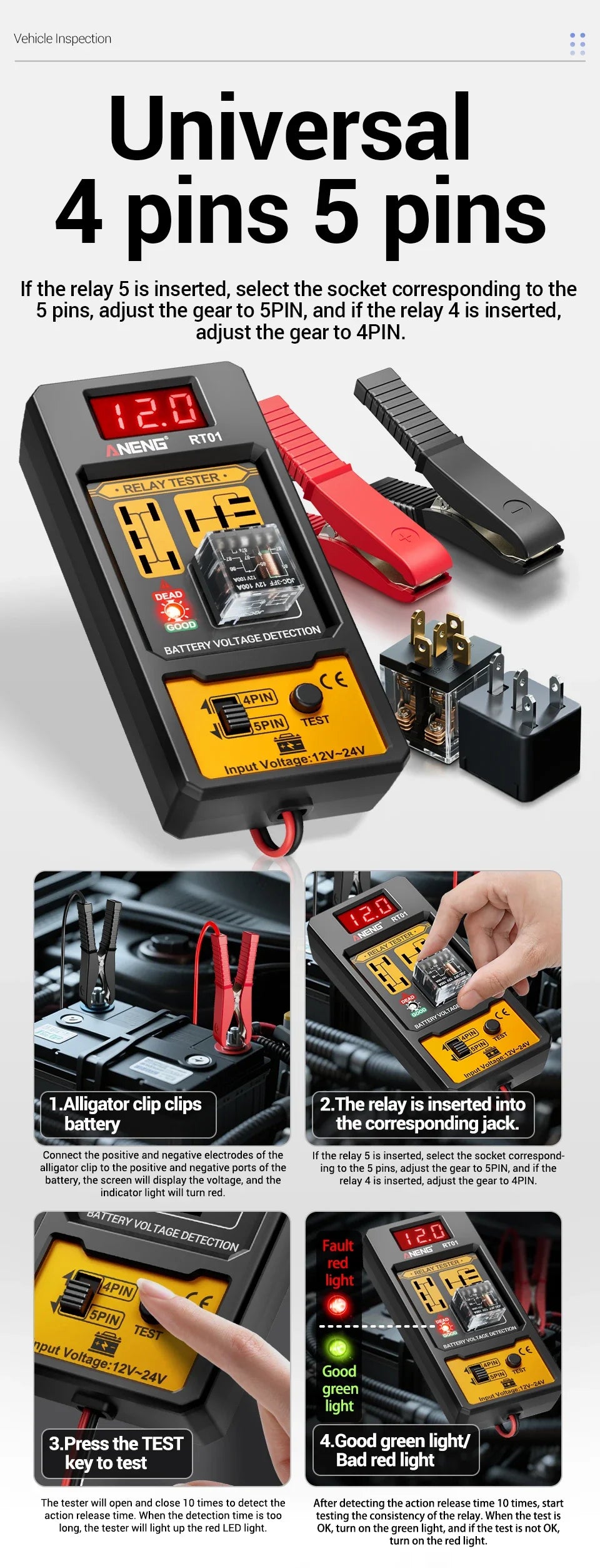 ANENG 11-25V Relay Detector RT01 Digital Universal 4/5 Pins Car Battery Vehicle Detection Digital Display Voltage Battery Tester