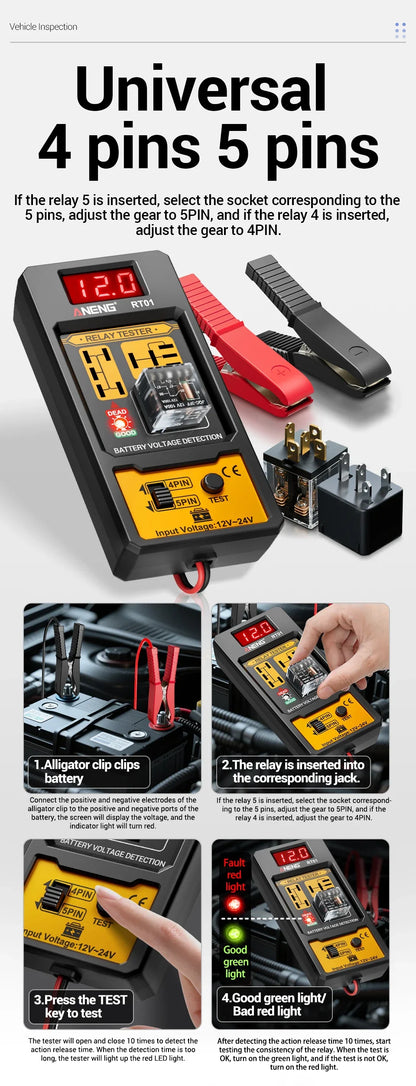 Voltage Battery Tester 11-25V Car Relay Detector 4/5 Pins Digital Display