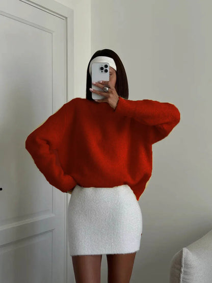 Womens O-Neck Knit Sweater Oversized Pullover Acrylic