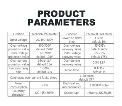 Automatic Voltage and Current Protector Socket 110-220V EU Plug 1-16A
