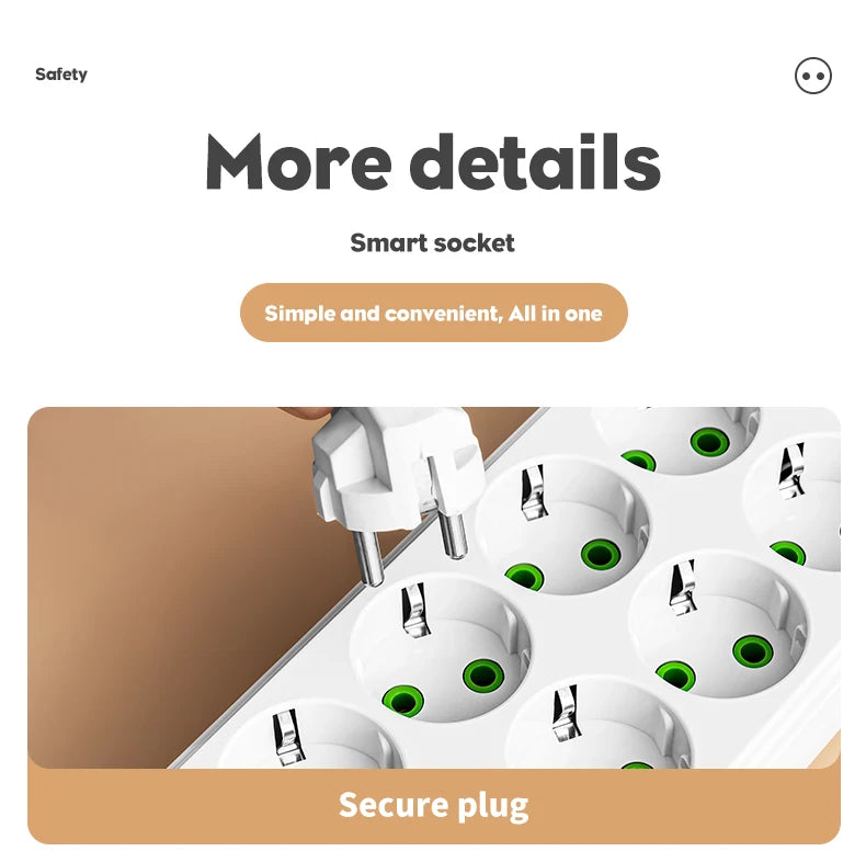 EU Plug Power Strip 6 AC Outlet Multitap Extension With 5 USB Ports 3m Cord Electrical Socket 2500W Fast Charge Surge Protector