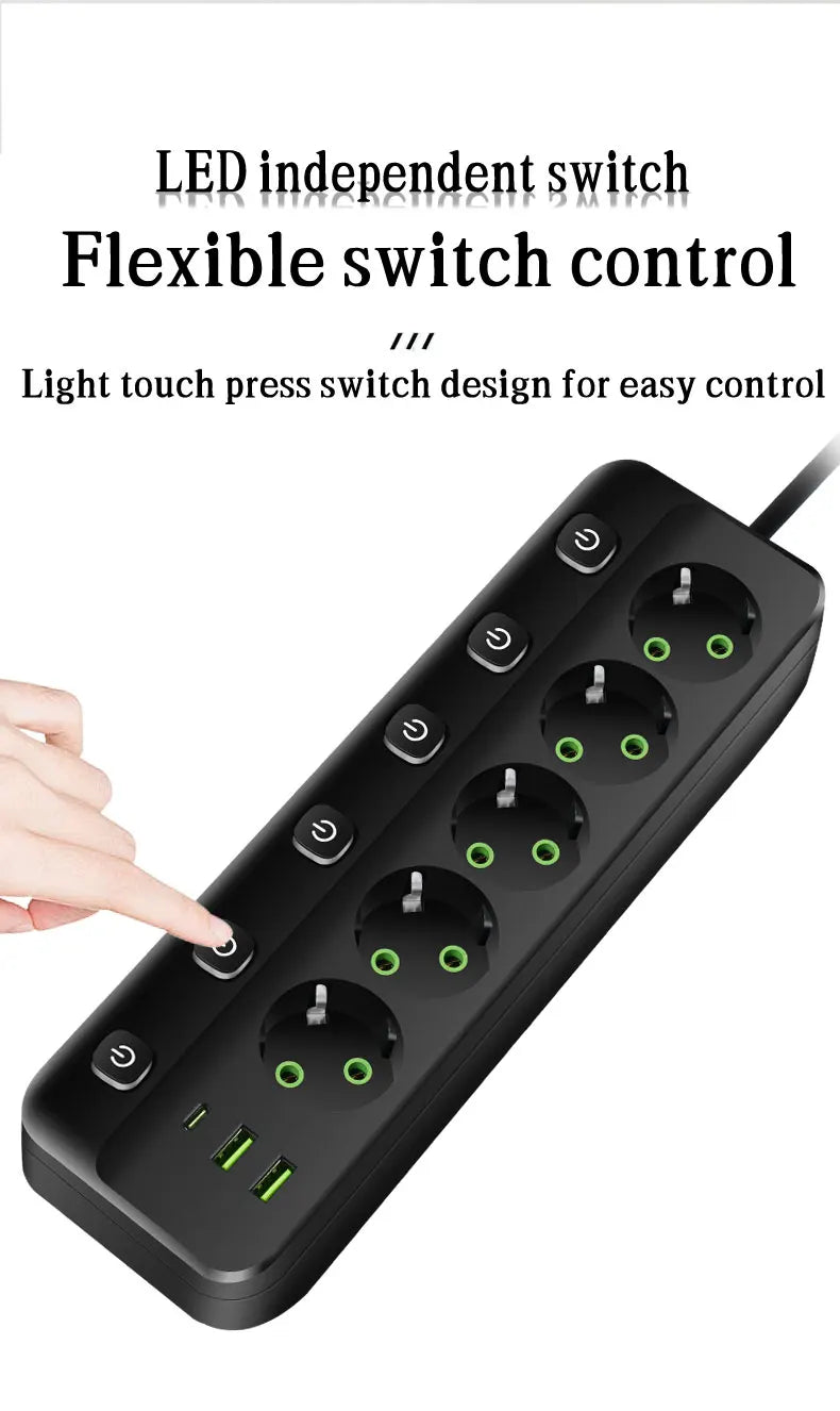 EU Plug Electrical Socket with 3/5 AC Outlets 2 USB Ports + 1 Type C 6/8-in-1 Plug Socket Adapter 2M Power Strip for Home Office