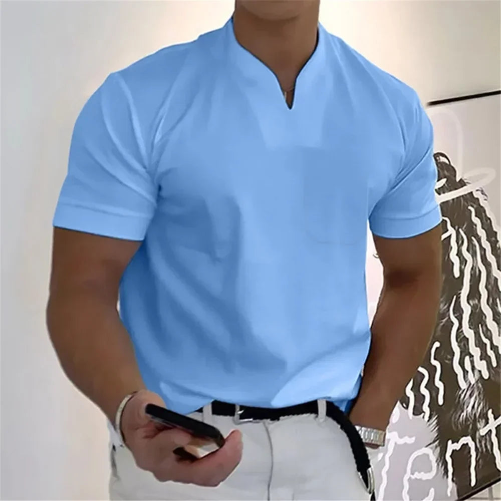 2025 Summer New Men's Fashion Trend T-shirt Short Sleeve V-neck Top Elastic Cotton Fitness Sports Loose Large Size Clothing