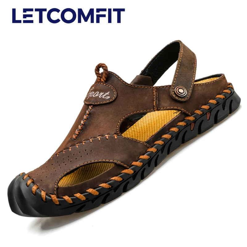 Men Cowhide Sandals Slip On With Rubber Bottom Casual Outdoor