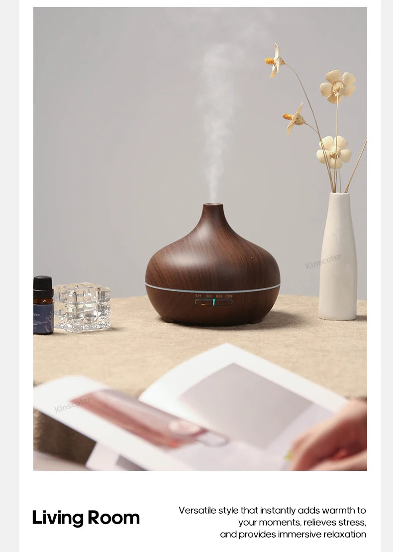 KINSCOTER Wood Grain Aromatherapy Diffuser 300ml Essential Aroma Oils Ultrasonic Air Humidifier 3 Timers USB Color Light
