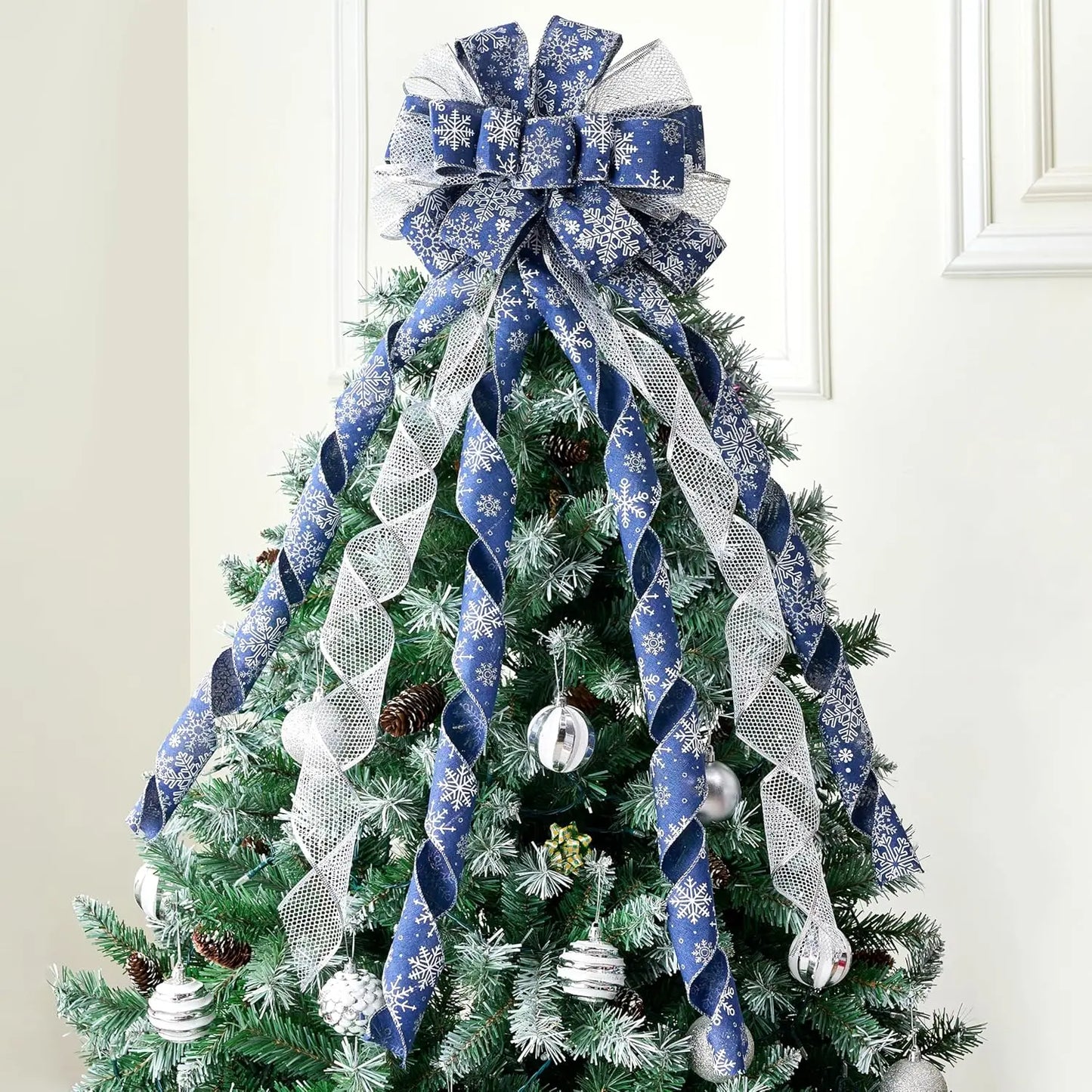 Glitter Snowflake Tree Topper Bow – Holiday Ribbon Decor
